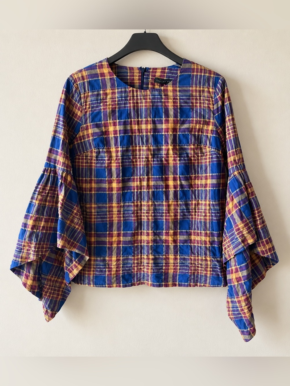 English Factory Women's Navy Yellow Plaid Bell Sleeve Top NWT #1458
